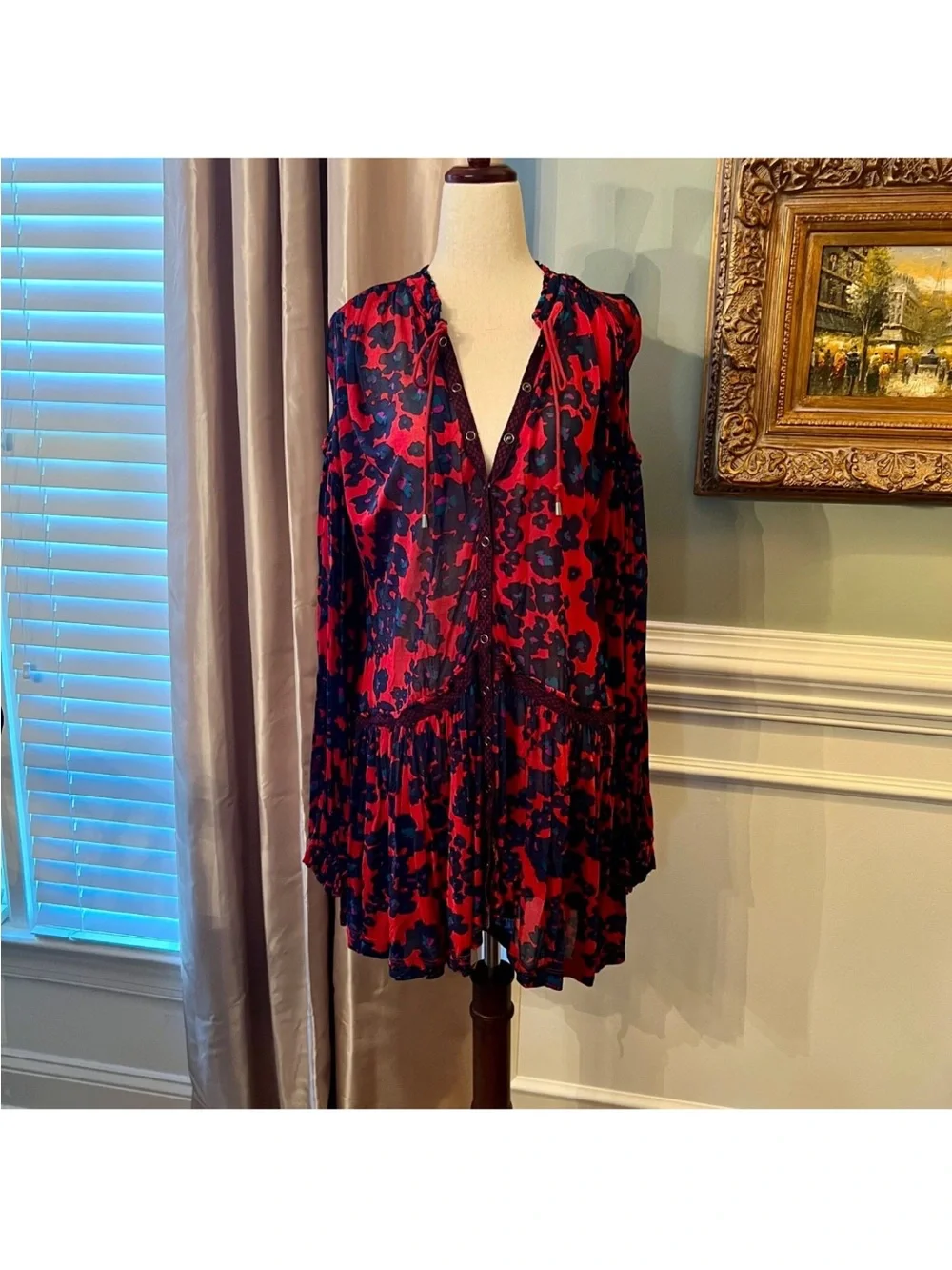 Free People Love Letter Tunic Top Mini Dress Merlot Combo Floral Red Blue